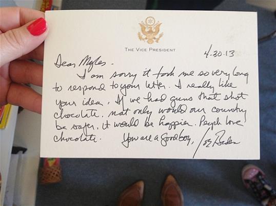 Photo: In this photo provided by Downtown Montessori Academy teacher Jenny Aicher, Aicher holds a note, Monday, May 13, 2013, in Milwaukee, written by Vice President Joe Biden to Myles, a 7-year-old second-grader at the school. (AP Photo/Jenny Aicher)