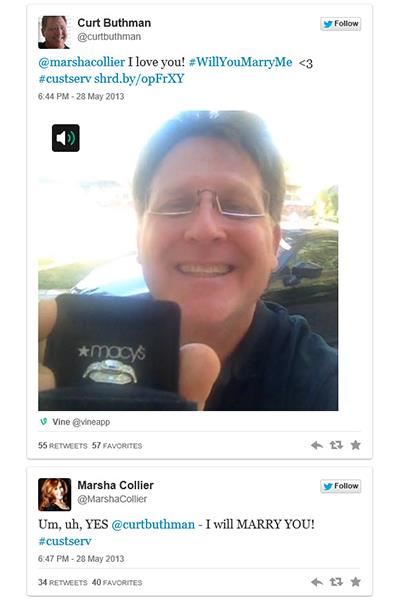 Photo: Still of proposal from Curt Buthman and acceptance by Marsha Collier (via Vine & Twitter) 