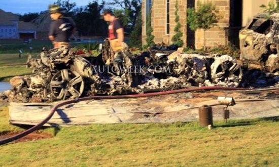 The Fisker Karma is said to be the origin of the fire, and not much remains of the vehicle. Photo courtesy of Autoweek.
