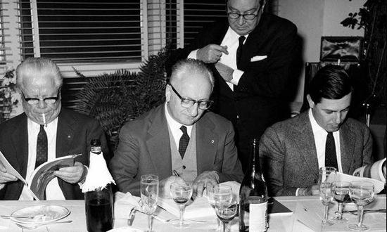 From left: Battista Pininfarina, Enzo Ferrari and Sergio Pininfarina are shown in this undated photograph. Photo credit: Ferrari.
