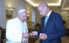  Daimler chairman Dieter Zetsche presents Pope Francis with keys to popemobile. Photo by Daimler.