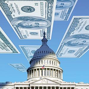 Dollar bills floating over US Capitol Corbis