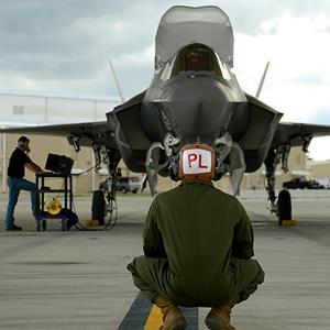 Mechanic Sgt. Stephen Fink watches a F-35B Lightning II joint strike fighter from the Marine Fighter Attack Training Squadron 501, at Eglin Air Force Base, Florida
U.S. Air Force/Master Sgt. Jeremy T. Lock/Handout/Reuters