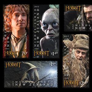 Credit: Warner Bros. Entertainment Inc. via: http://stamps.nzpost.co.nz/thehobbit/set-stamps
Caption: Five of the Six available New Zealand stamps featuring key characters from ‘The Hobbit: An Unexpected Journey’