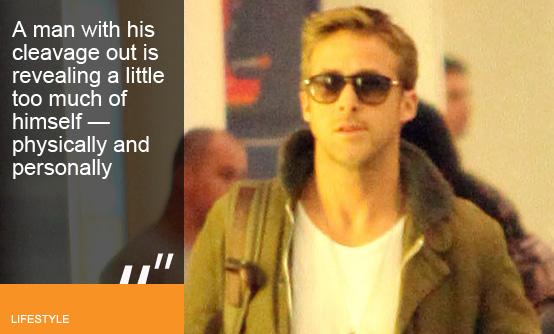 Ryan Gosling shows off his 'heavage' at New Orleans airport (image © Big Pictures)