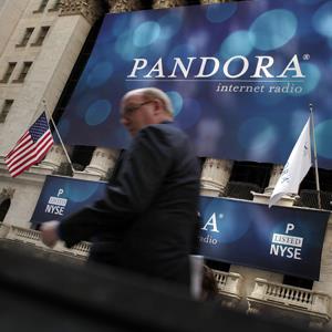 © Spencer Platt/Getty Images
A banner for Pandora Media Inc., the online-radio company, hangs in front of the New York Stock Exchange