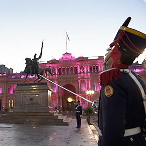 Credit: © Daniel Garcia/AFP/Getty Images
Caption: Members of the Granaderos presidential guard carry out the daily flag hoisting ceremony in front of the government house at Plaza de Mayo square in Buenos Aires, Argentina on July 30, 2014. Last-ditch talks aimed at averting Argentina's second default in 13 years were to resume Wednesday in New York, after Tuesday's marathon session failed to reach a deal.