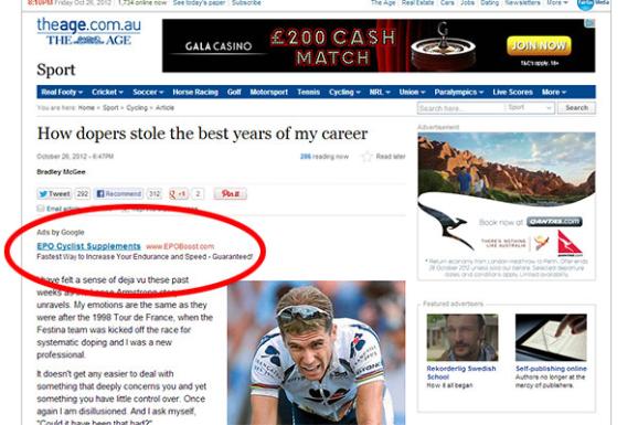 EPO advert placed on anti doping in cycling article