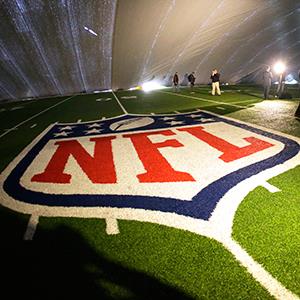 Credit: © Julio Cortez/AP
Caption: The NFL logo is seen at midfield of MetLife Stadium, the site of Super Bowl XLVIII