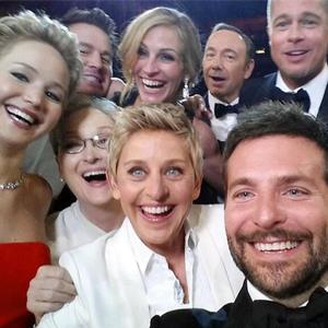 © DeGeneres/AP
This image released by Ellen DeGeneres shows actors, front row from left, Jared Leto, Jennifer Lawrence, Meryl Streep, Ellen DeGeneres, Bradley Cooper, Peter Nyong’o Jr. and, second row, from left, Channing Tatum, Julia Roberts, Kevin Spacey, Brad Pitt, Lupita Nyong’o and Angelina Jolie as they pose